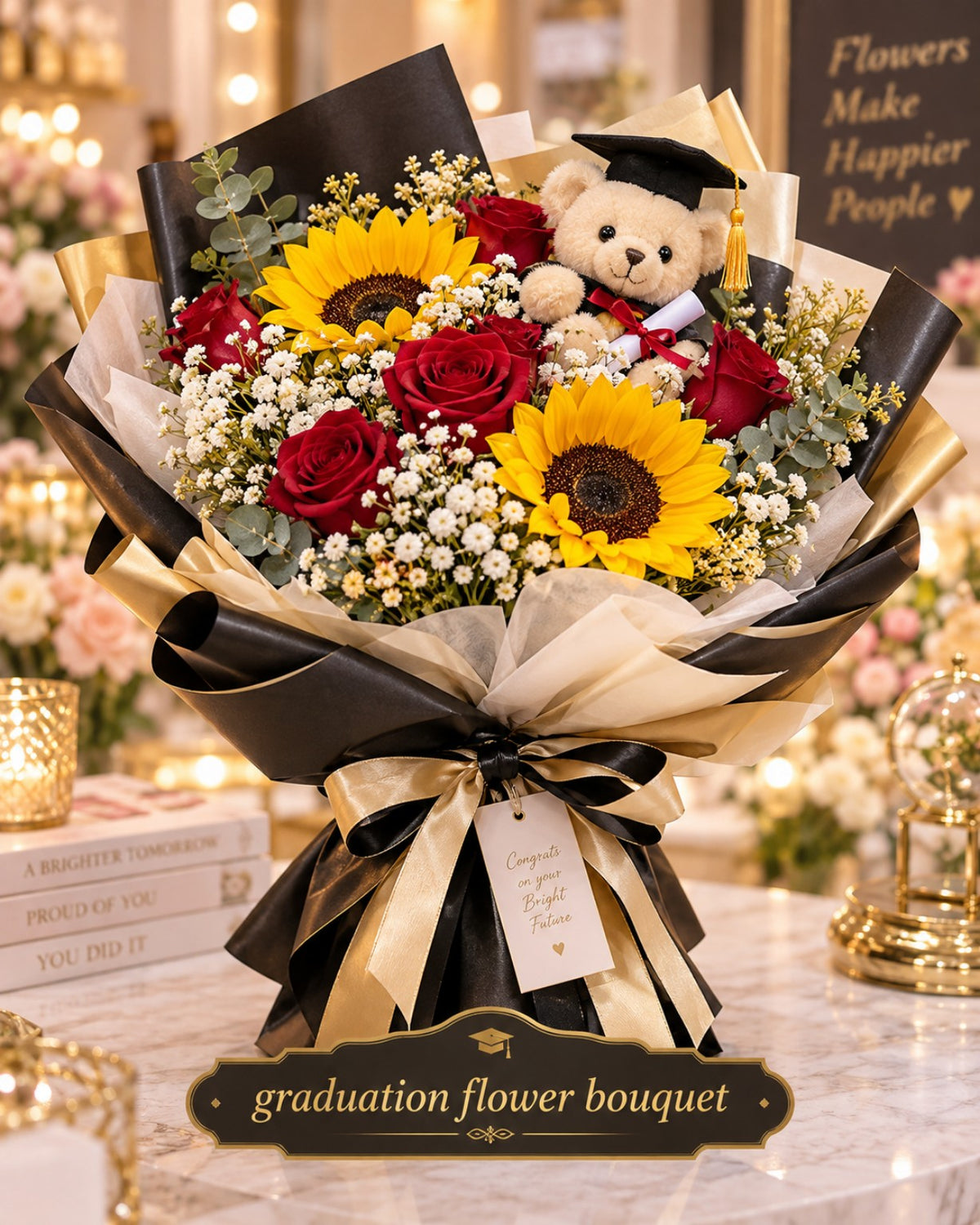 š Golden Success Graduation Bouquet š»ā¤ļø
Sunflower & Red Rose Graduation Bouquet with Teddy Bear