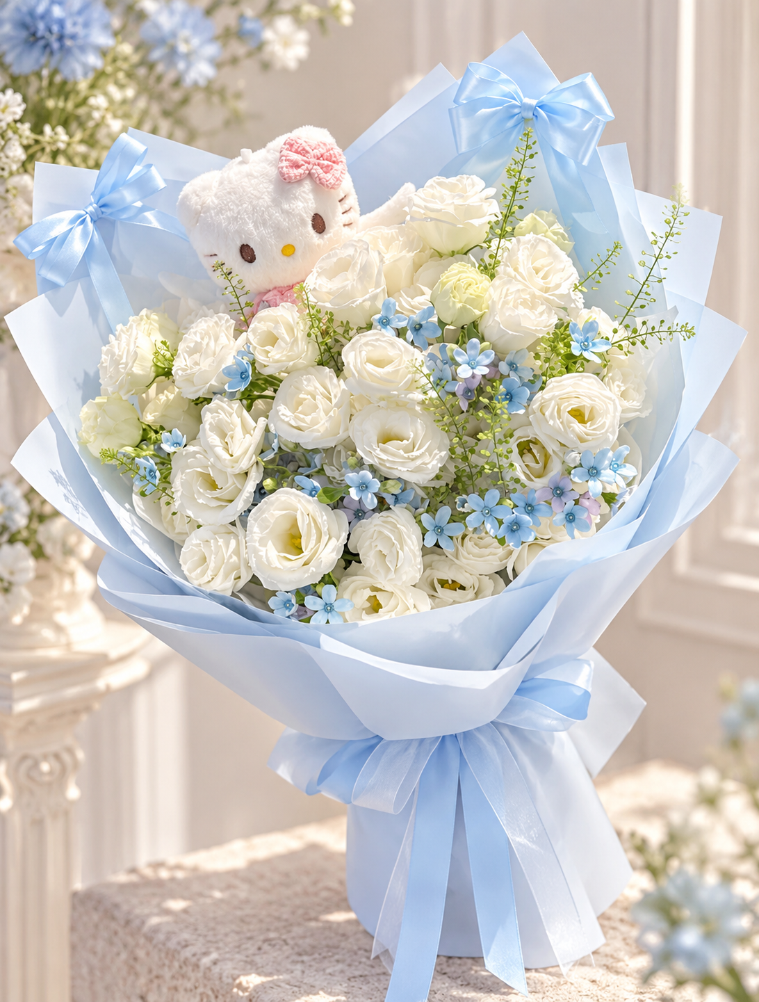 Baby Blue Eustoma Hello Kitty Bouquet š
A Sweet Touch of Love & Elegance