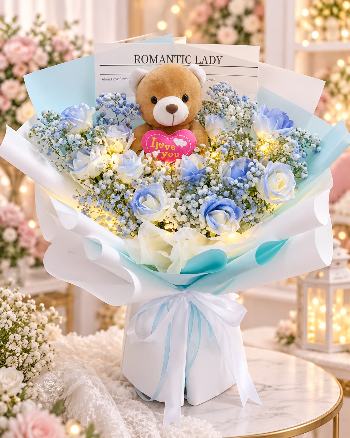Romantic Teddy Bear Flower Bouquet