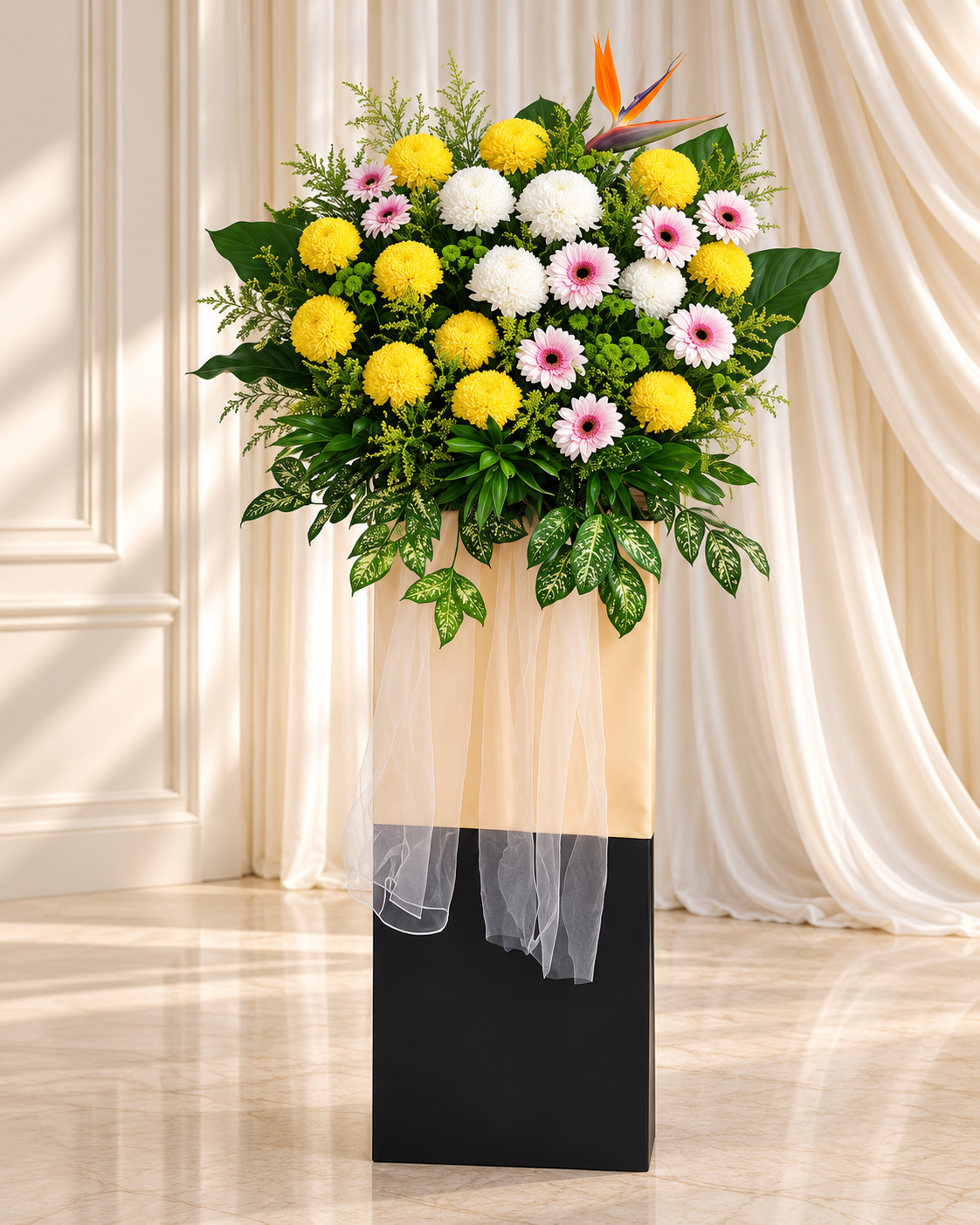 Elegant Condolence Flower Stand | Yellow & White Floral Tribute