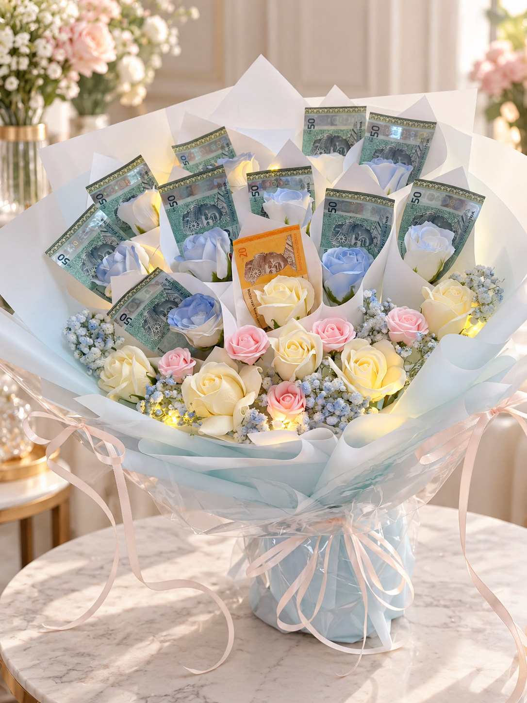 💐 Pastel Luxury Money Bouquet | 梦幻粉蓝钞票花束