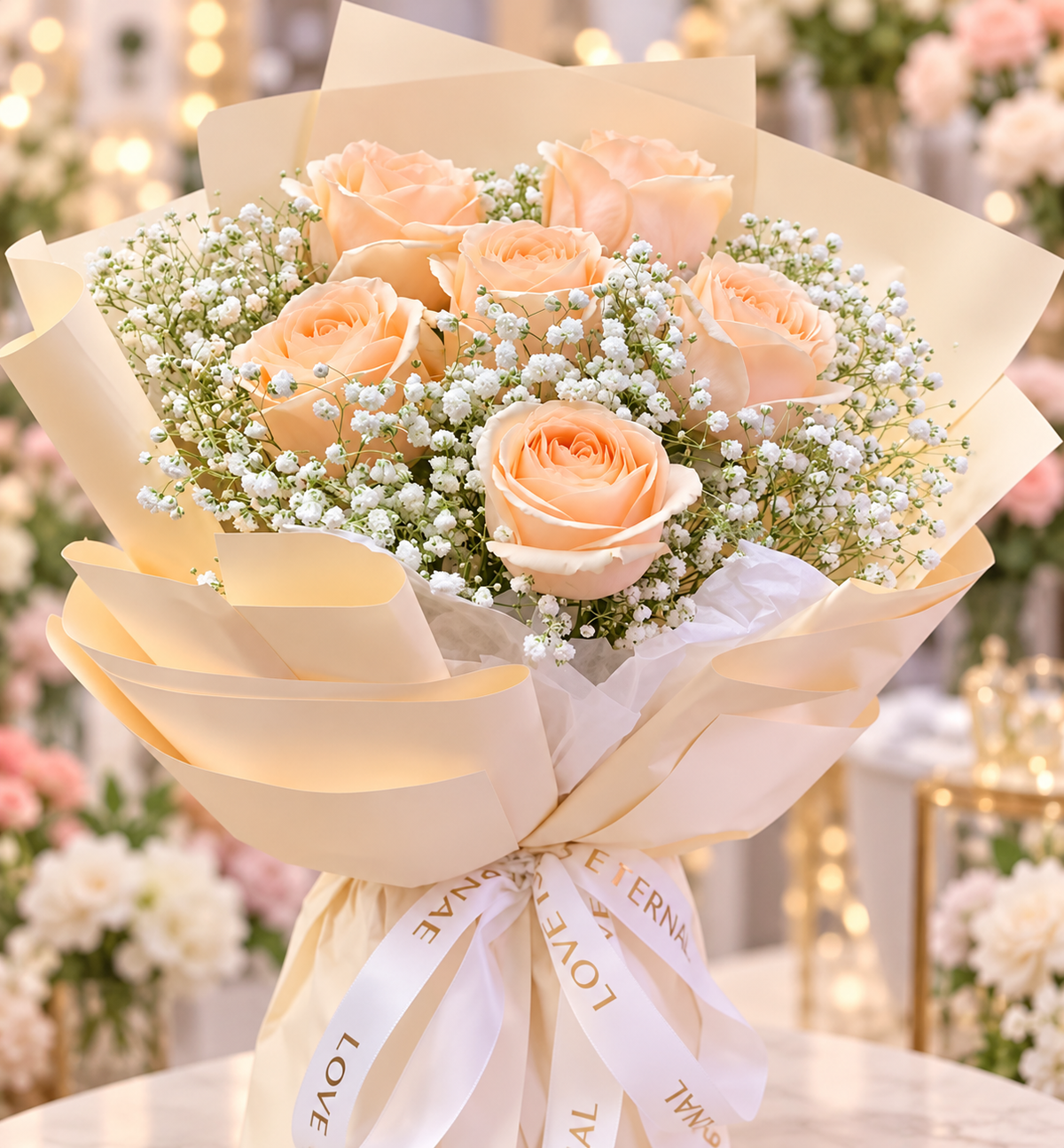 š¹ 6 Stems Champagne Rose Bouquet with Baby's Breath | Fresh Flowers