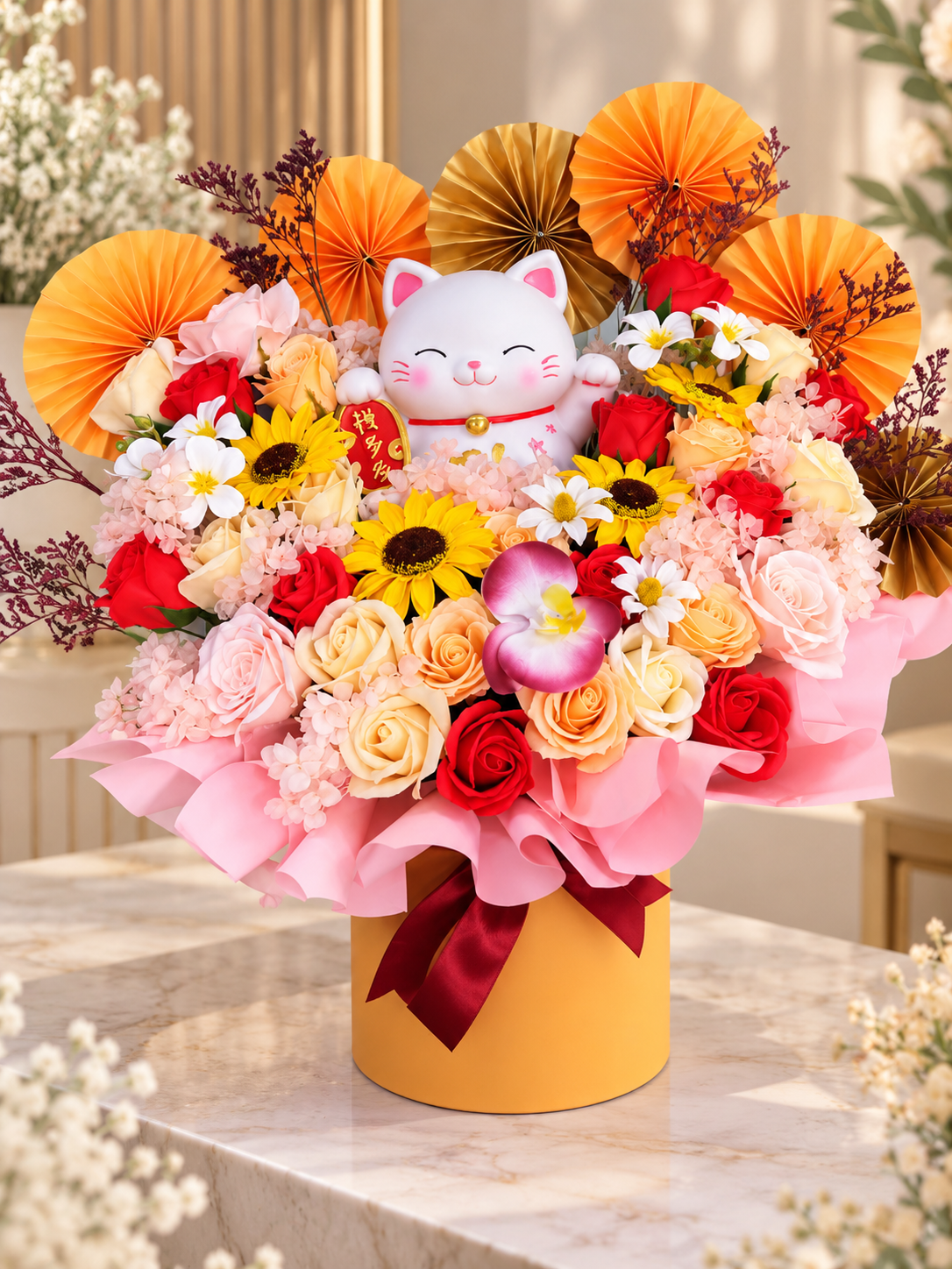 招财猫开业花桶 | Lucky Cat Grand Opening Flower Box 🧧🌻
Soap Flowers + Preserved Real Flowers
✨ 开业大吉 · 招财进宝 · 生意兴隆 ✨