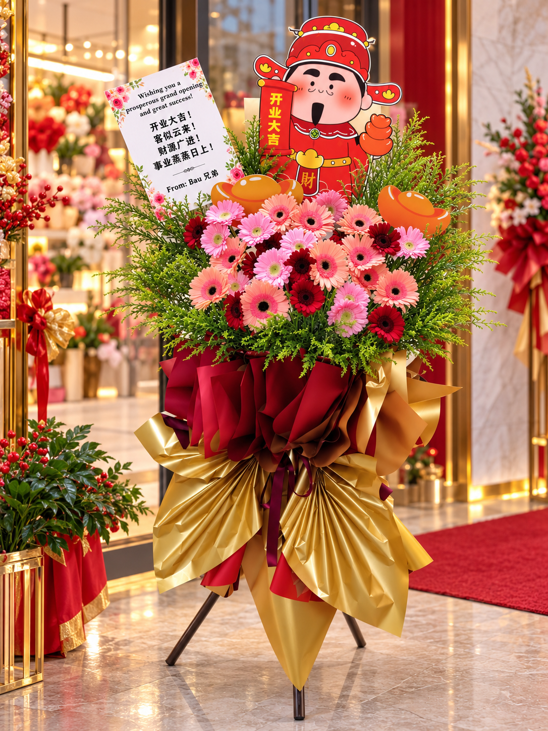 财神爷开业花架 | God of Wealth Grand Opening Flower Stand 🧧🌸
财神驾到 · 开业大吉 · 财源滚滚！ 💰✨