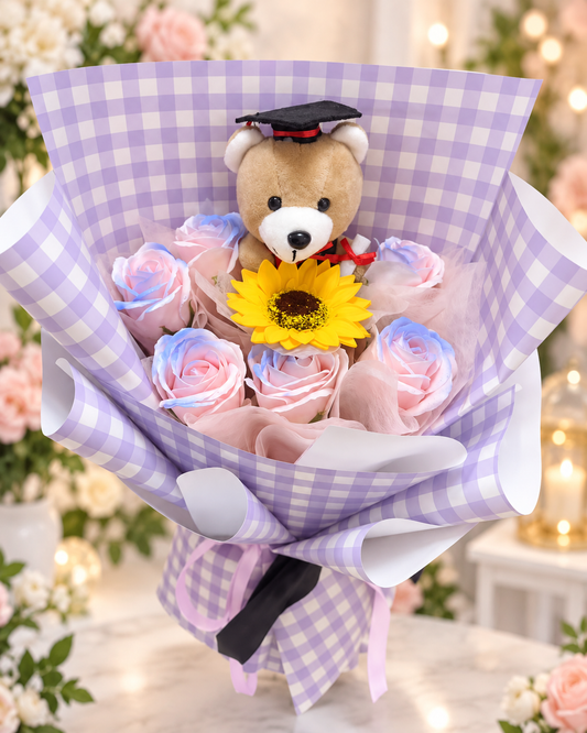 🎓💜 Graduation Teddy Bear Soap Rose Bouquet | 毕业小熊香皂玫瑰花束