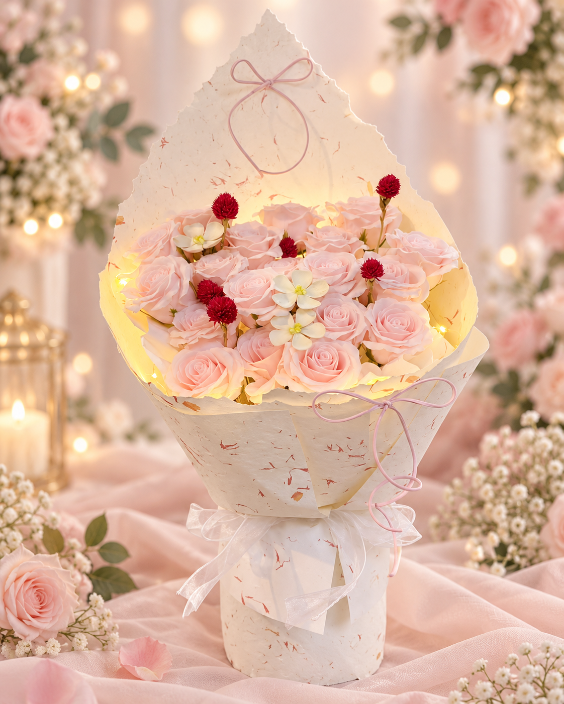 Blush Pink Rose Soap Flower Bouquet with LED Lights | 梦幻粉色玫瑰香皂花灯光花束