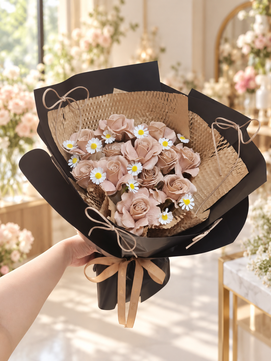 Elegant Milk Tea Soap Rose Bouquet | Korean Style Luxury Flower Gift
