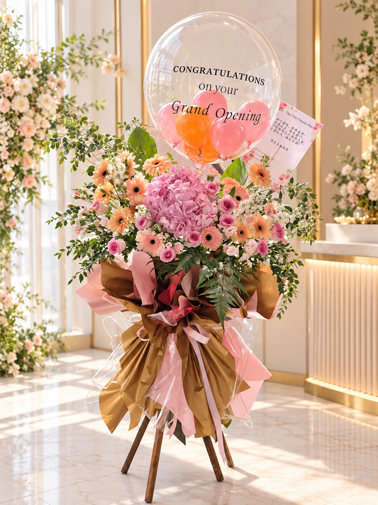 Grand Opening Bubble Balloon Flower Stand | Pink Hydrangea & Gerbera