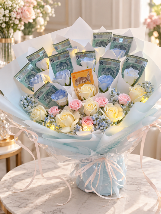 💐 Pastel Luxury Money Bouquet | 梦幻粉蓝钞票花束