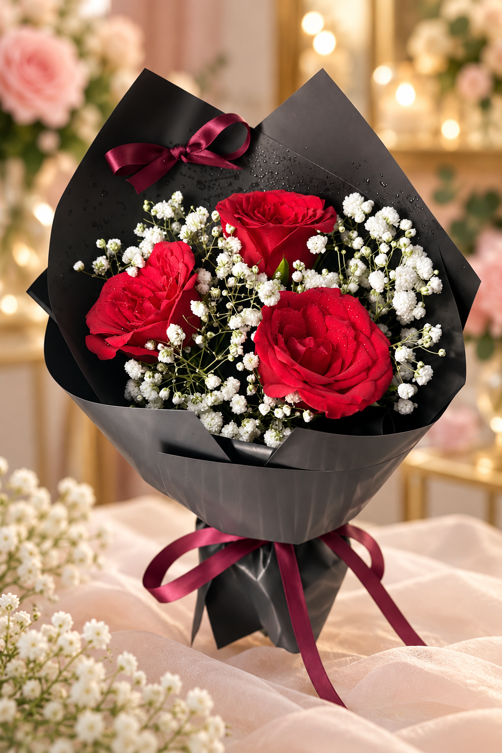 🌹 3 Stems Fresh Red Rose Bouquet | Romantic Love