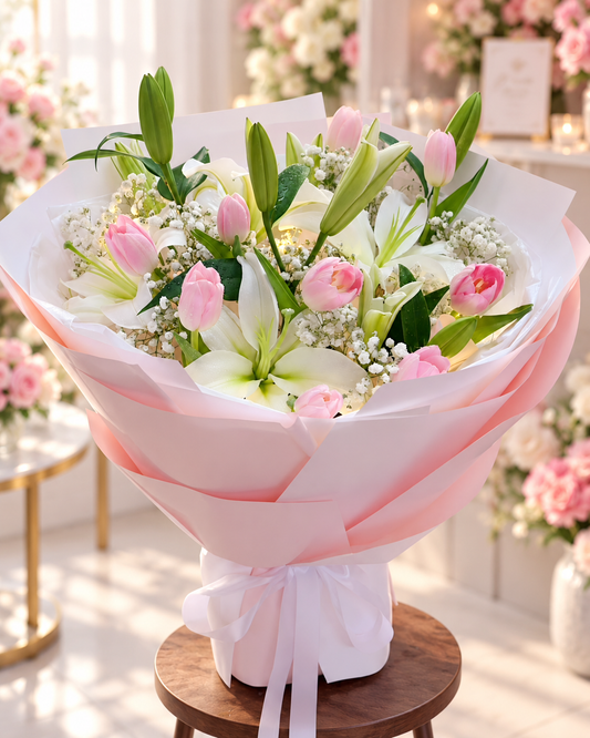 Pink Tulip & White Lily Luxury Bouquet
粉色郁金香与白百合高级花束 🌷🤍